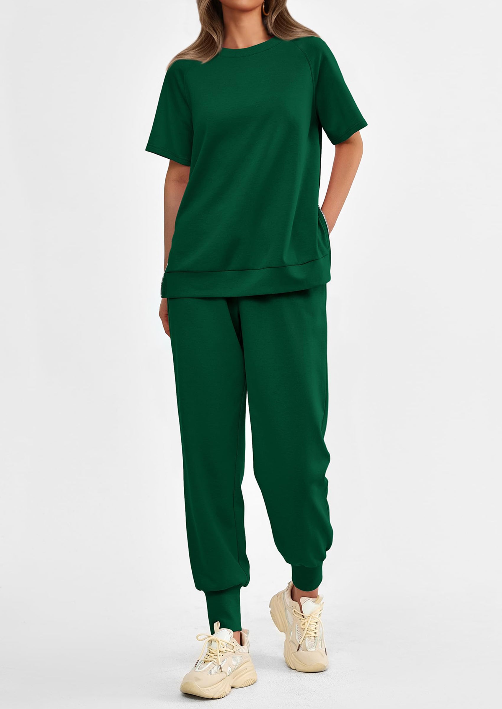 PRETTYGARDEN 2 Piece Outfit Tracksuits Casual Short Sleeve Tops High Waisted Sweatpants Set