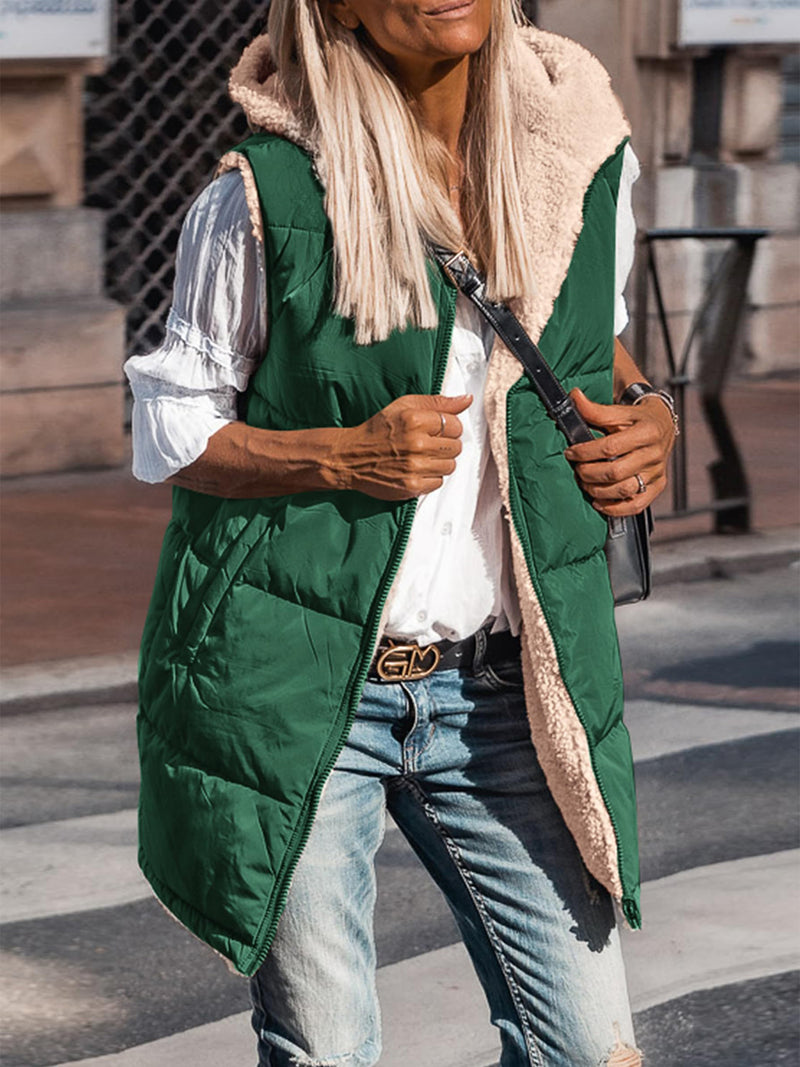 PRETTYGARDEN Womens Fall Reversible Vests Sleeveless Fleece Jacket Zip Up Hoodie Pockets Long Warm Winter Coat Outerwear