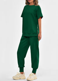 Casual Short Sleeve Tops High Waisted Sweatpants Two Piece Sets