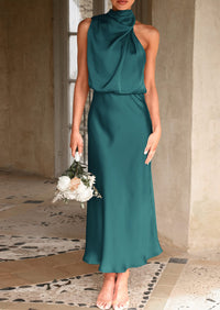 Satin sleeveless stand up collar party long dress