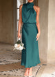 Satin sleeveless stand up collar party long dress