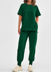 Casual Short Sleeve Tops High Waisted Sweatpants Two Piece Sets