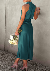 Satin sleeveless stand up collar party long dress