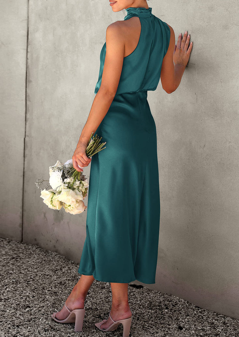 PRETTYGARDEN Women's Summer Satin Dress Elegant Sleeveless Mock Neck Cocktail Party Maxi Dresses