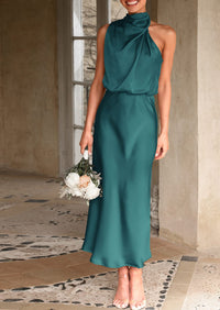 Satin sleeveless stand up collar party long dress