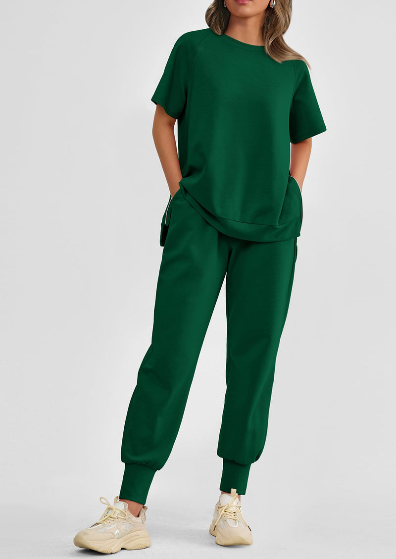 PRETTYGARDEN 2 Piece Outfit Tracksuits Casual Short Sleeve Tops High Waisted Sweatpants Set