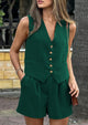 Button Down V Neck Vest Sleeveless Tops And Pockets Shorts 2 Piece Suits Sets