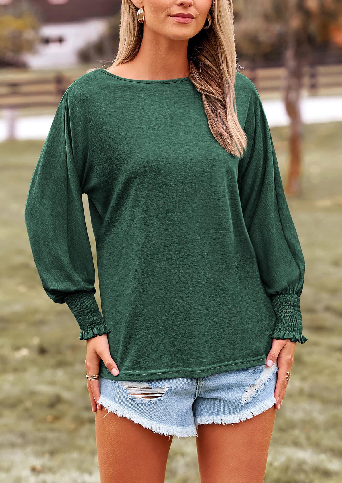 Puff Long Sleeve Crew neck Casual Basic T-shirts