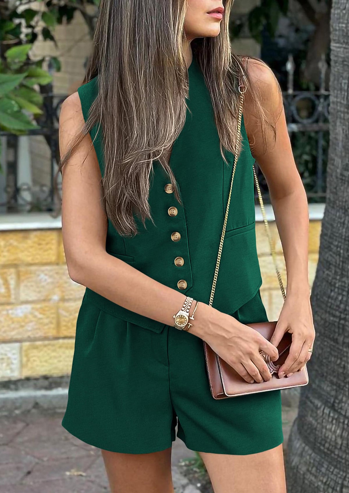 Button Down V Neck Vest Sleeveless Tops And Pockets Shorts 2 Piece Suits Sets