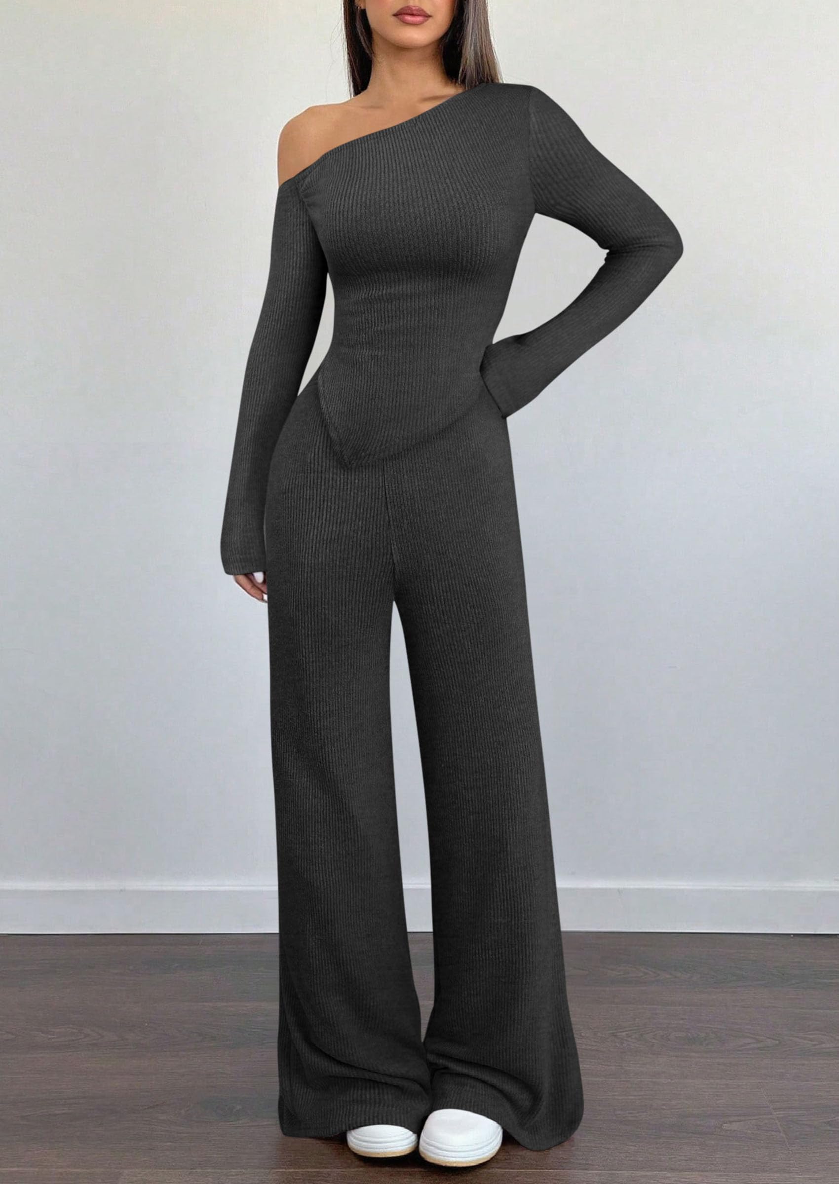 PRETTYGARDEN Casual Two Piece Sets for Women Fall Outfits Asymmetrical Off Shoulder Tops Wide Leg Pants Knit Lounge Set