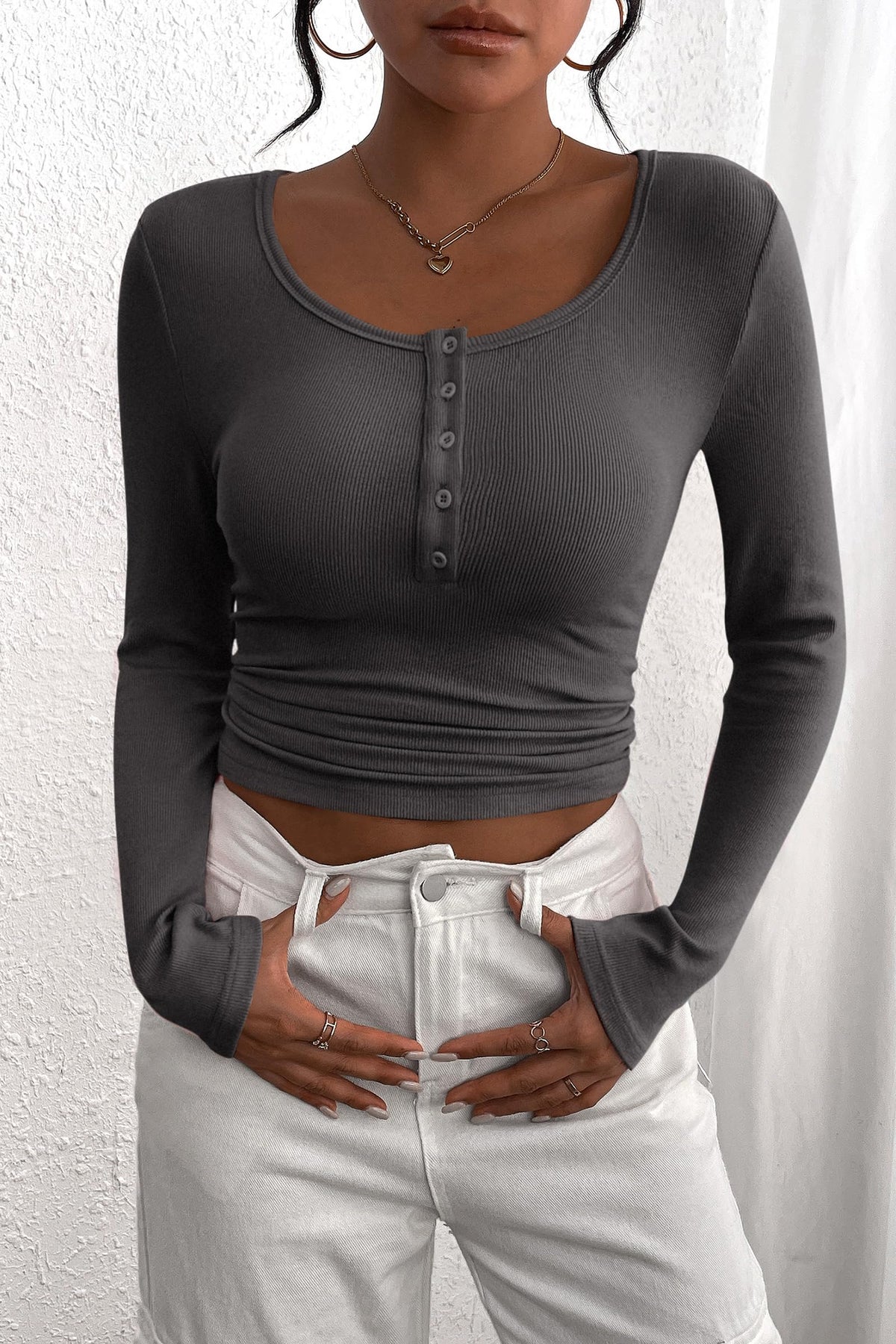 Long Sleeve Henley Button Down Ribbed Knit Slim Fit Casual T-shirts