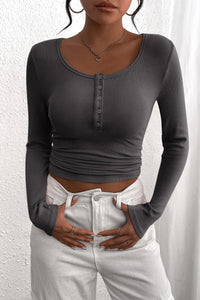 Long Sleeve Henley Button Down Ribbed Knit Slim Fit Casual T-shirts