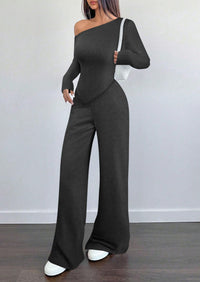PRETTYGARDEN Casual Two Piece Sets for Women Fall Outfits Asymmetrical Off Shoulder Tops Wide Leg Pants Knit Lounge Set