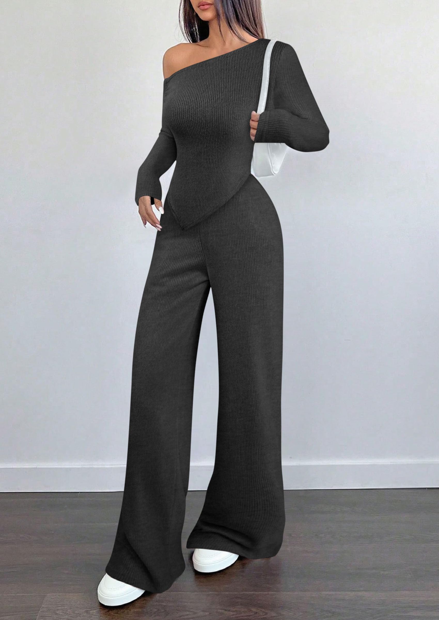 PRETTYGARDEN Casual Two Piece Sets for Women Fall Outfits Asymmetrical Off Shoulder Tops Wide Leg Pants Knit Lounge Set