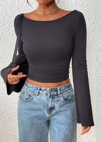 PRETTYGARDEN Women's Long Sleeve Shirts Fall Going Out Tops Casual Boat Neck Bell Sleeve Ribbed Ruched Y2K Clothes