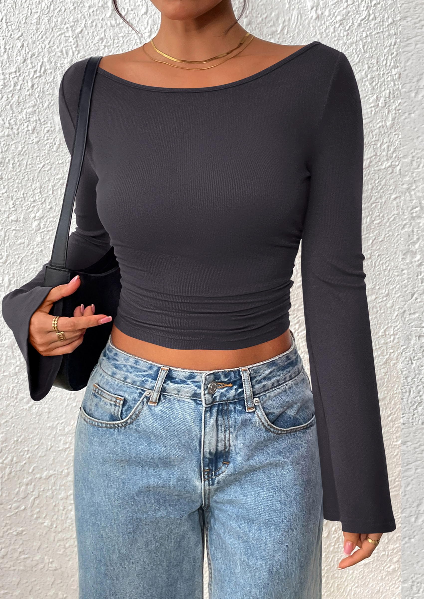 PRETTYGARDEN Women's Long Sleeve Shirts Fall Going Out Tops Casual Boat Neck Bell Sleeve Ribbed Ruched Y2K Clothes
