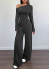 PRETTYGARDEN Casual Two Piece Sets for Women Fall Outfits Asymmetrical Off Shoulder Tops Wide Leg Pants Knit Lounge Set