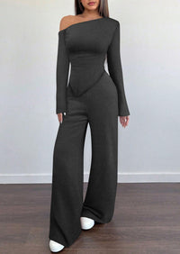 PRETTYGARDEN Casual Two Piece Sets for Women Fall Outfits Asymmetrical Off Shoulder Tops Wide Leg Pants Knit Lounge Set