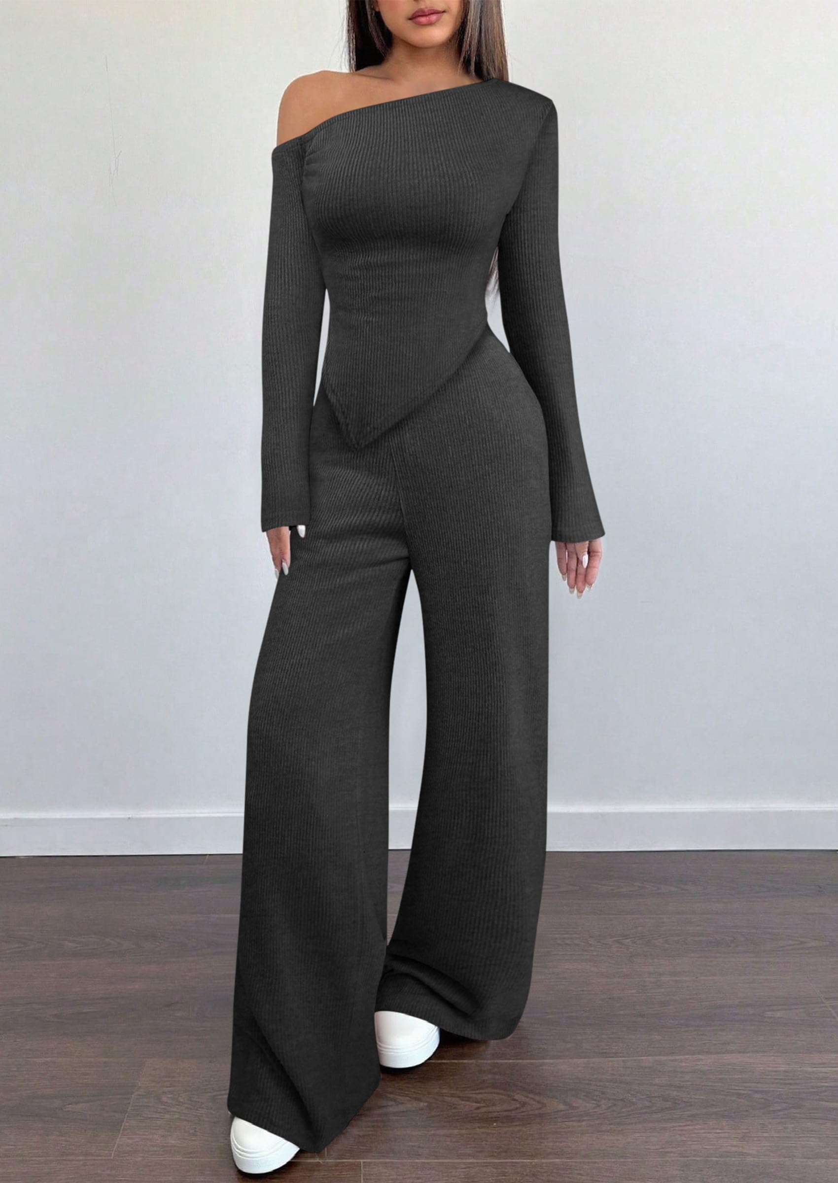 PRETTYGARDEN Casual Two Piece Sets for Women Fall Outfits Asymmetrical Off Shoulder Tops Wide Leg Pants Knit Lounge Set