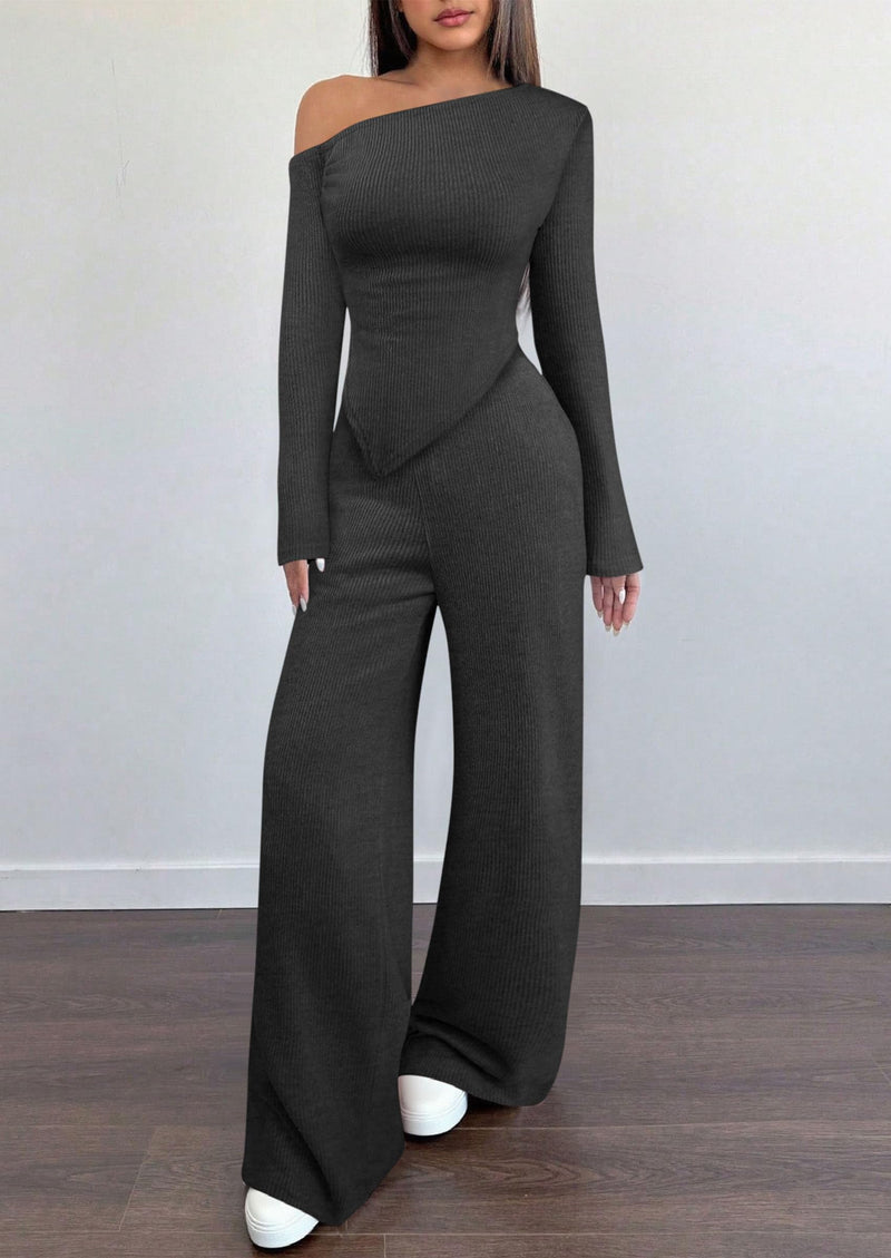 PRETTYGARDEN Casual Two Piece Sets for Women Fall Outfits Asymmetrical Off Shoulder Tops Wide Leg Pants Knit Lounge Set