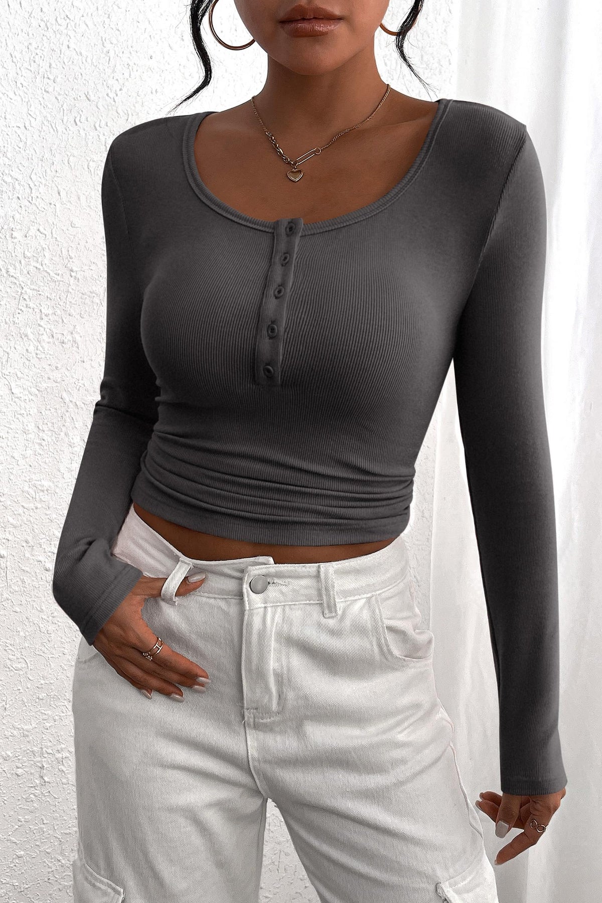 Long Sleeve Henley Button Down Ribbed Knit Slim Fit Casual T-shirts