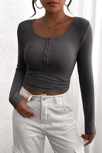 Long Sleeve Henley Button Down Ribbed Knit Slim Fit Casual T-shirts