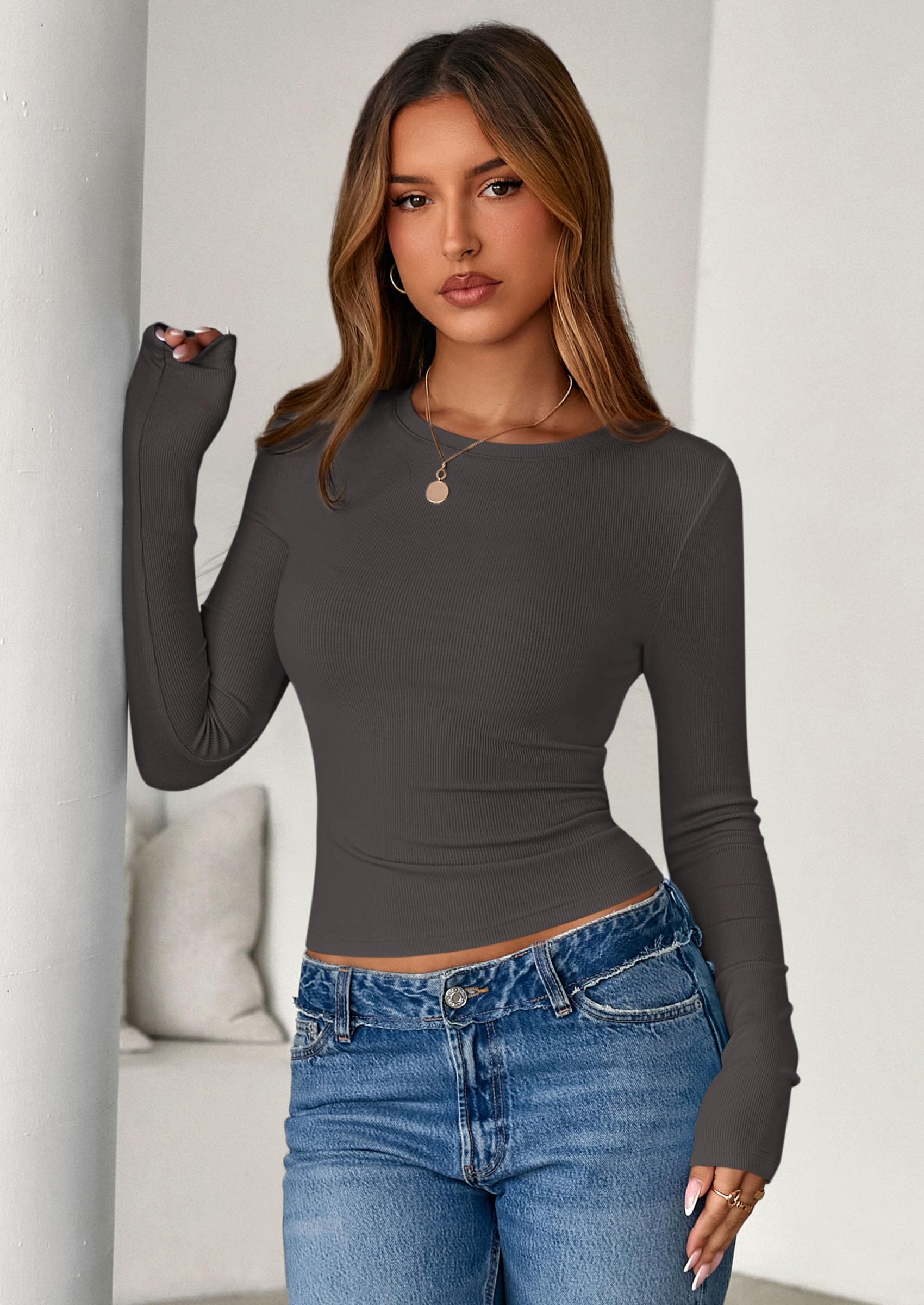 PRETTYGARDEN Womens Summer Fall Long Sleeve Shirts Ribbed Knit Fitted Basic Tee Going Out Tops Underscrub Casual Outfits