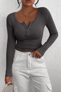 Long Sleeve Henley Button Down Ribbed Knit Slim Fit Casual T-shirts
