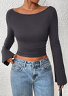 PRETTYGARDEN Women's Long Sleeve Shirts Fall Going Out Tops Casual Boat Neck Bell Sleeve Ribbed Ruched Y2K Clothes