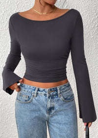 PRETTYGARDEN Women's Long Sleeve Shirts Fall Going Out Tops Casual Boat Neck Bell Sleeve Ribbed Ruched Y2K Clothes