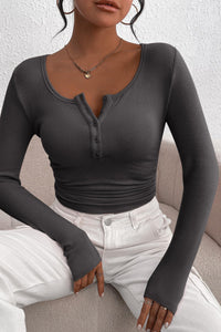 Long Sleeve Henley Button Down Ribbed Knit Slim Fit Casual T-shirts