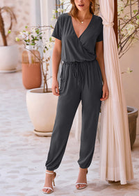 Deep V Neck Wrap Drawstring Waist Jumpsuits