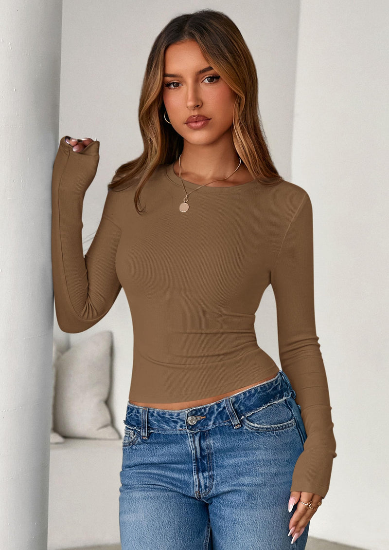 PRETTYGARDEN Womens Summer Fall Long Sleeve Shirts Ribbed Knit Fitted Basic Tee Going Out Tops Underscrub Casual Outfits