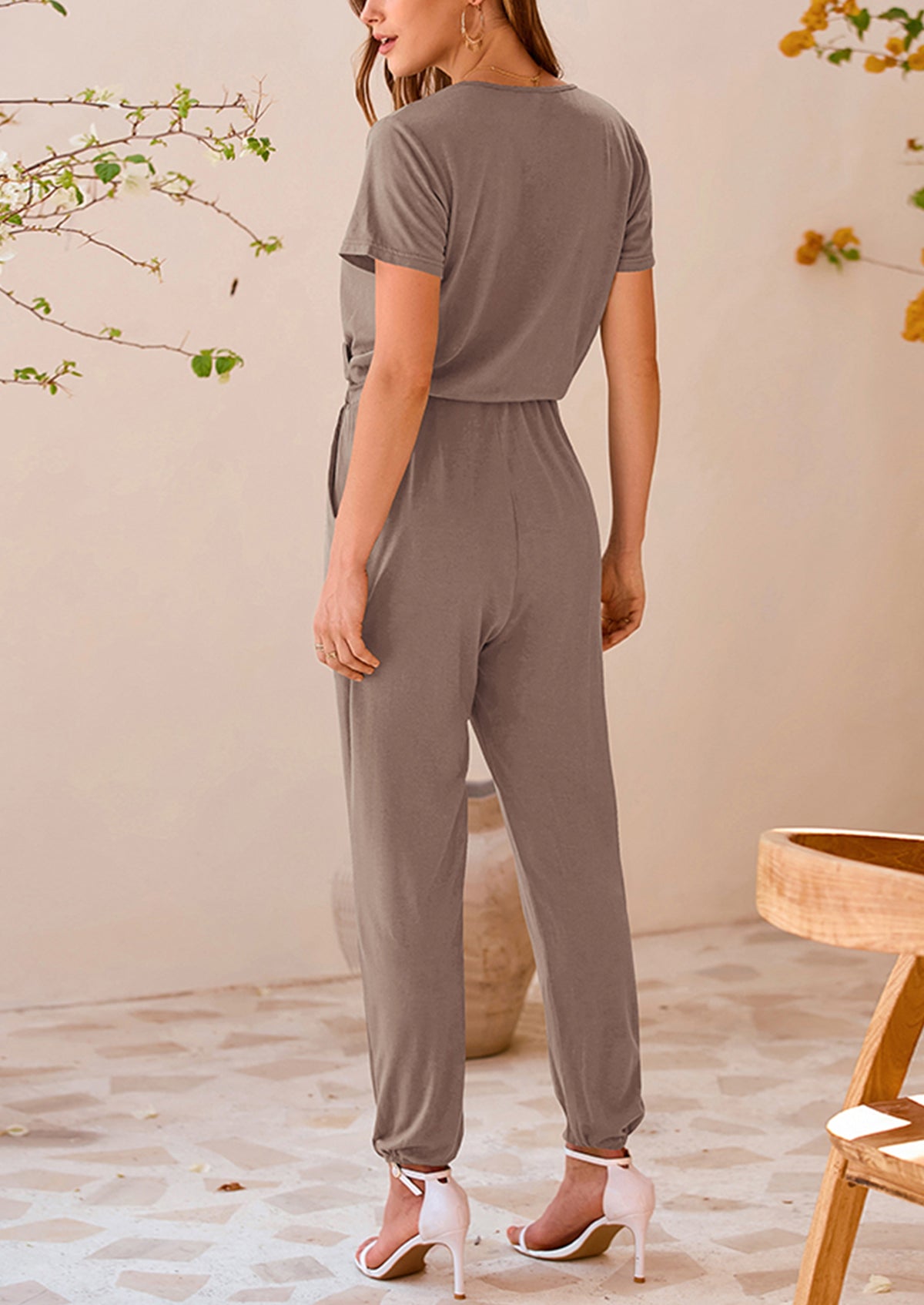 Deep V Neck Wrap Drawstring Waist Jumpsuits
