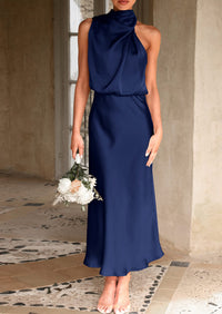 Satin sleeveless stand up collar party long dress