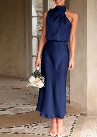 Satin sleeveless stand up collar party long dress