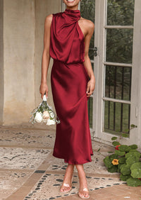 Satin sleeveless stand up collar party long dress