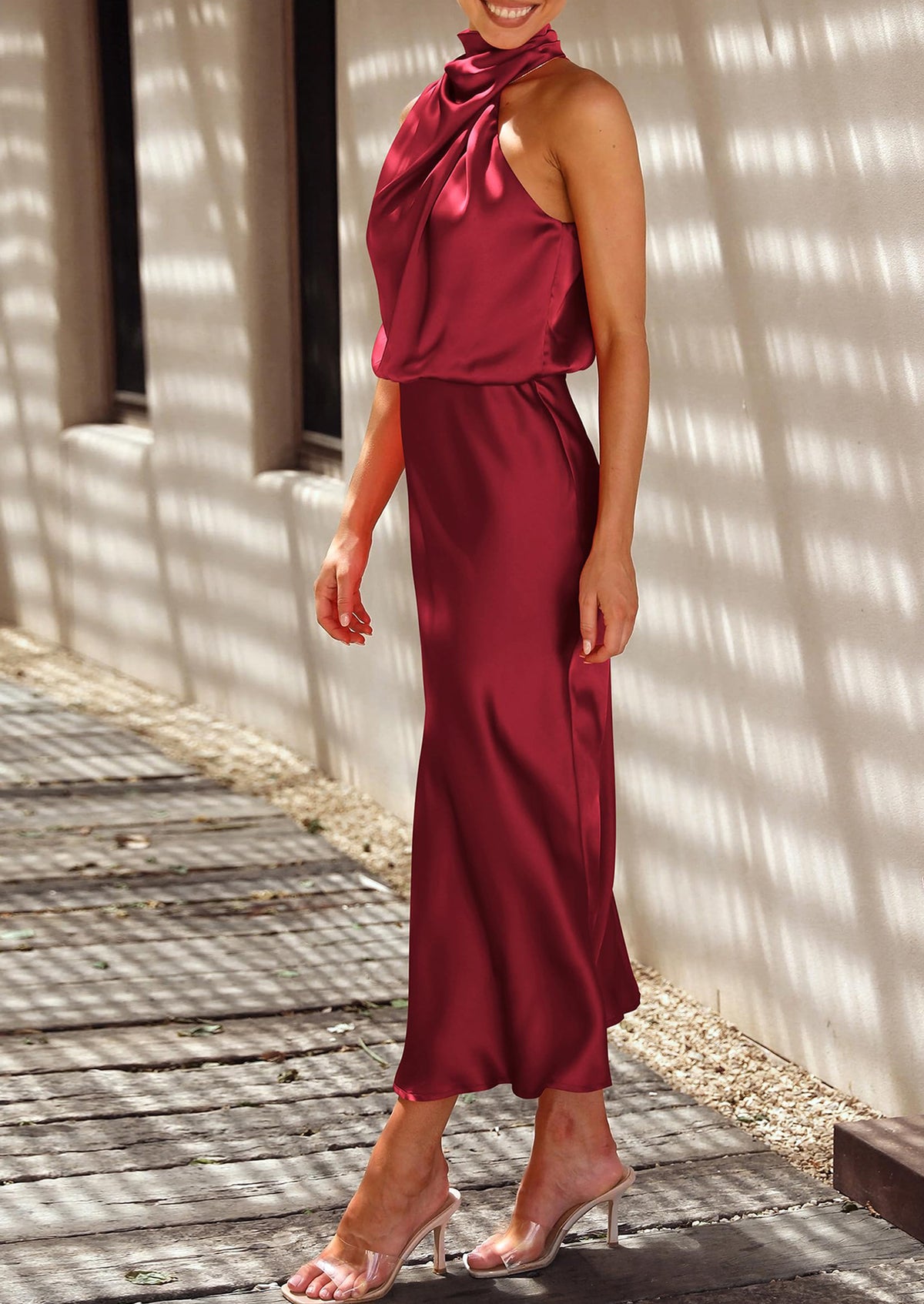 Satin sleeveless stand up collar party long dress