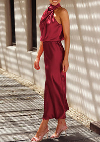 Satin sleeveless stand up collar party long dress