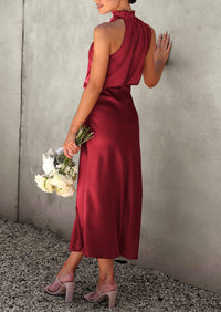 Satin sleeveless stand up collar party long dress