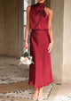 Satin sleeveless stand up collar party long dress