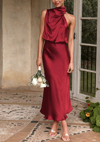 Satin sleeveless stand up collar party long dress