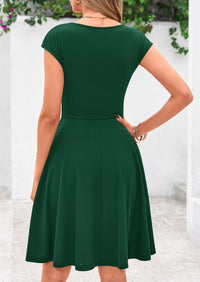 Crew neck Cap Sleeve Ribbed Knit Casual Flowy A Line Mini Dress with Pockets