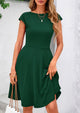 Crew neck Cap Sleeve Ribbed Knit Casual Flowy A Line Mini Dress with Pockets