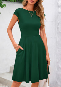 Crew neck Cap Sleeve Ribbed Knit Casual Flowy A Line Mini Dress with Pockets