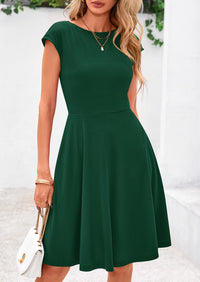 Crew neck Cap Sleeve Ribbed Knit Casual Flowy A Line Mini Dress with Pockets
