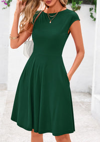 Crew neck Cap Sleeve Ribbed Knit Casual Flowy A Line Mini Dress with Pockets