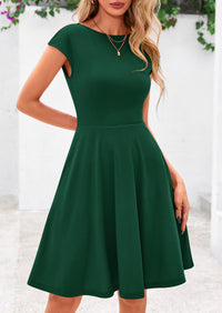 Crew neck Cap Sleeve Ribbed Knit Casual Flowy A Line Mini Dress with Pockets