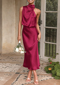 Satin sleeveless stand up collar party long dress