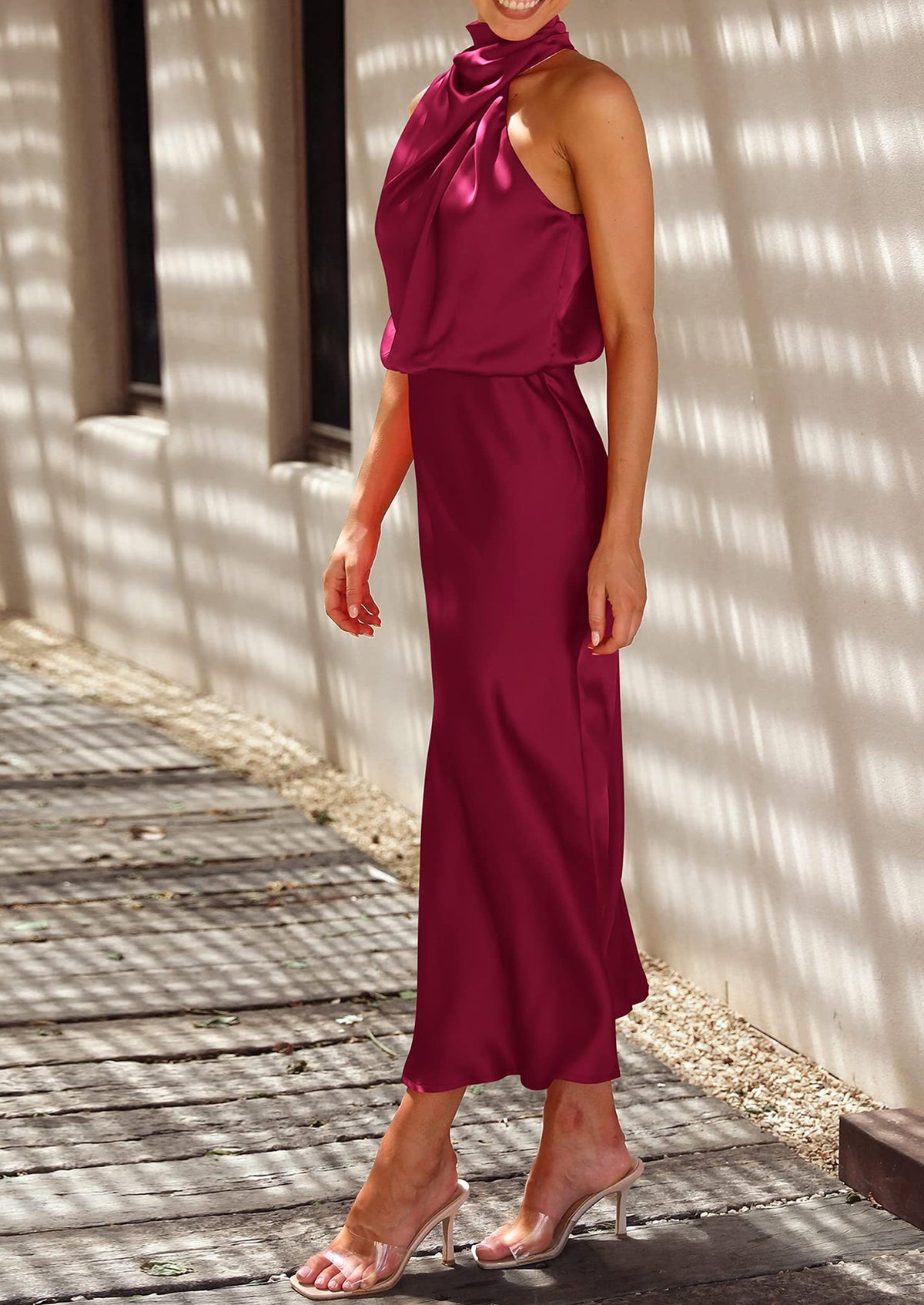 Satin sleeveless stand up collar party long dress